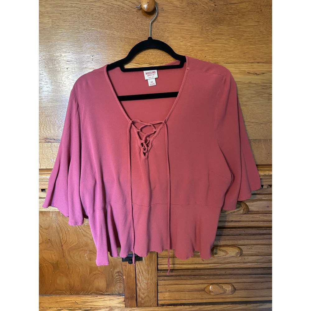 Boho Chic Fairy Grunge‎ Pink Lace Up V-Neck Bell Sleeve Rayon Blouse Top